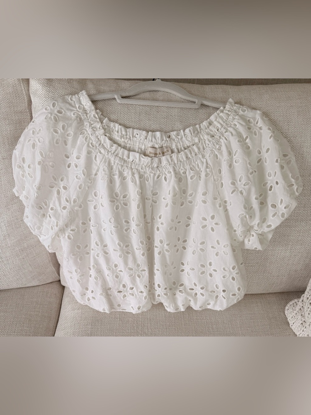 White Eyelet Puff-Sleeve Off-Shoulder Blouse - Picture 5 of 6